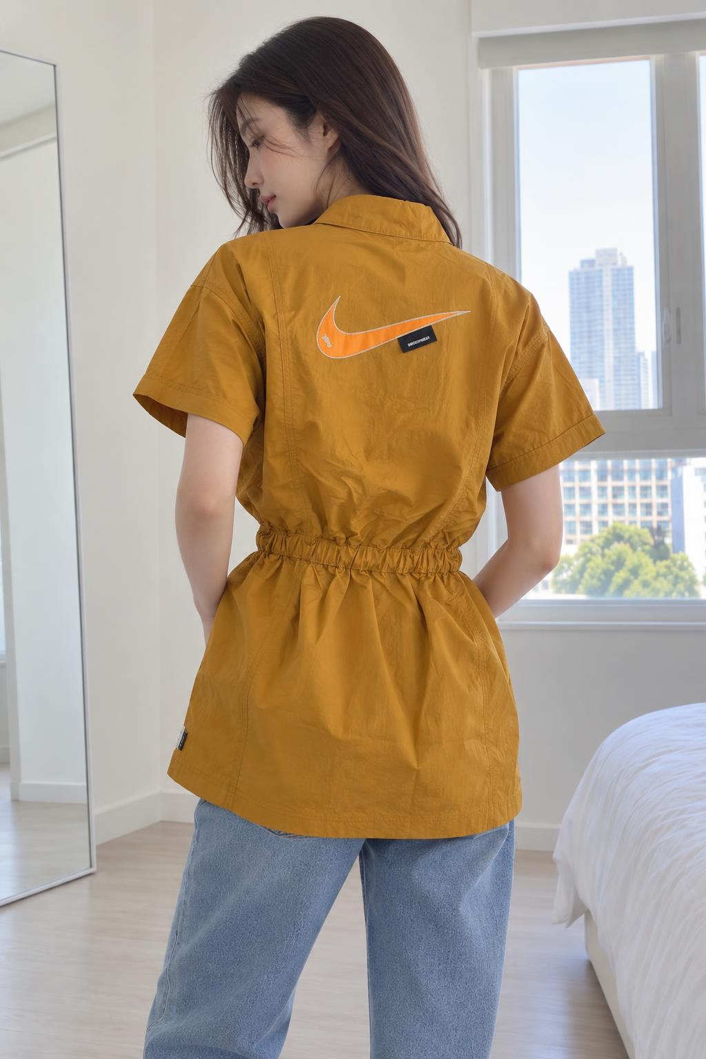 Nike Women's Sportswear Swoosh Woven Dress Desert Ochre/Pearl White/Light Curry DM6197 754 N5 AI model photo