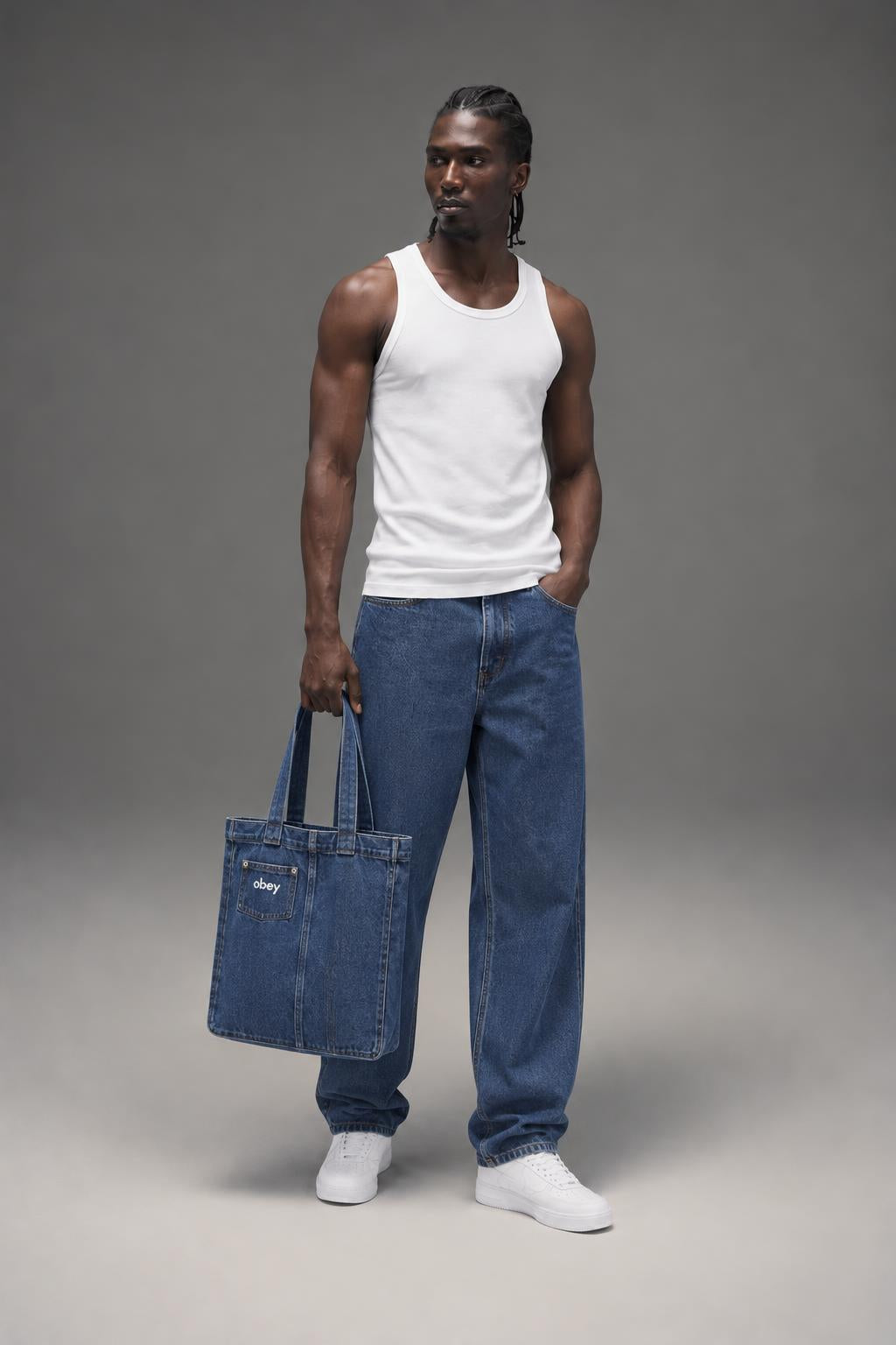 OBEY Bigwig Baggy Denim Stone Wash Indigo 142010087 STN AI model photo