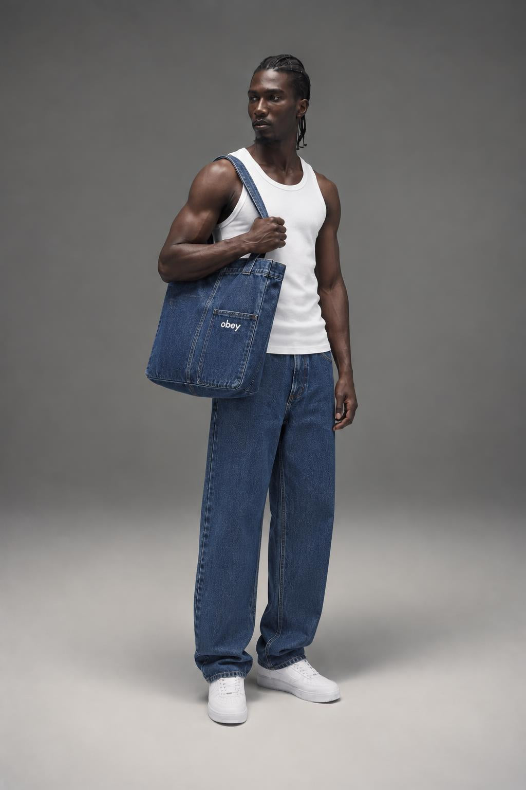 OBEY Bigwig Baggy Denim Stone Wash Indigo 142010087 STN AI model photo