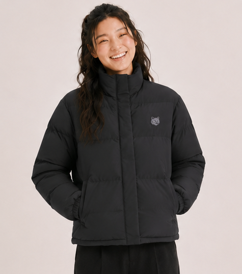 Maison Kitsune Women's Cropped Puffer In Nylon With Bold Fox Head Patch Black LW02207WQ4016 P199