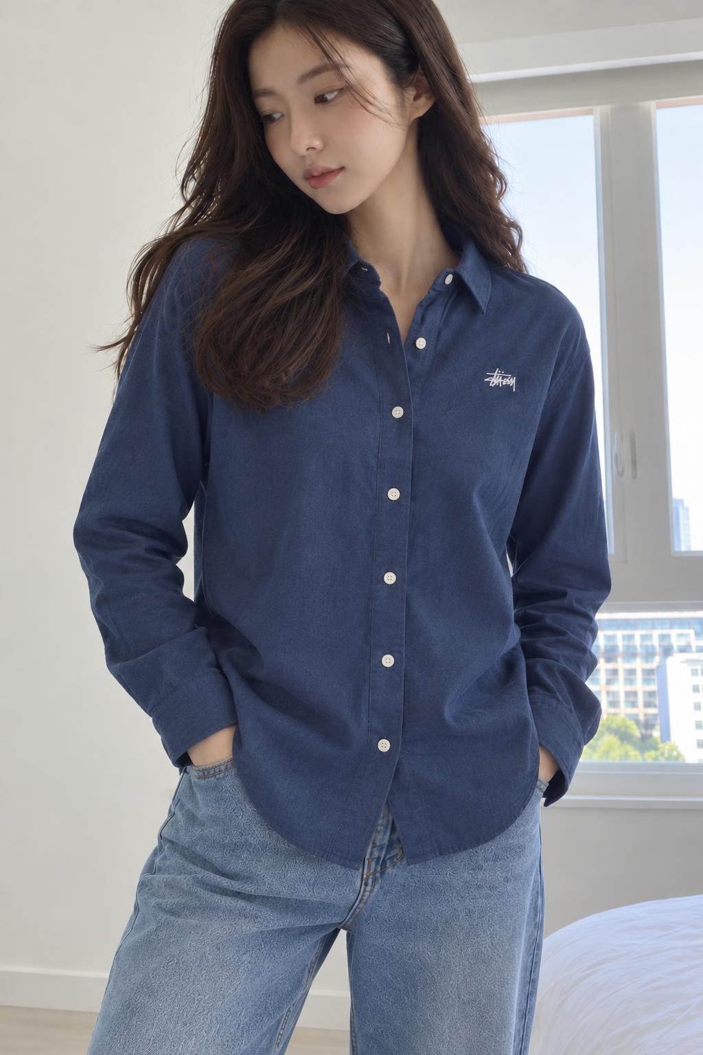 Stussy Blockhead Flannel shirt  Blue 211111 AI model photo