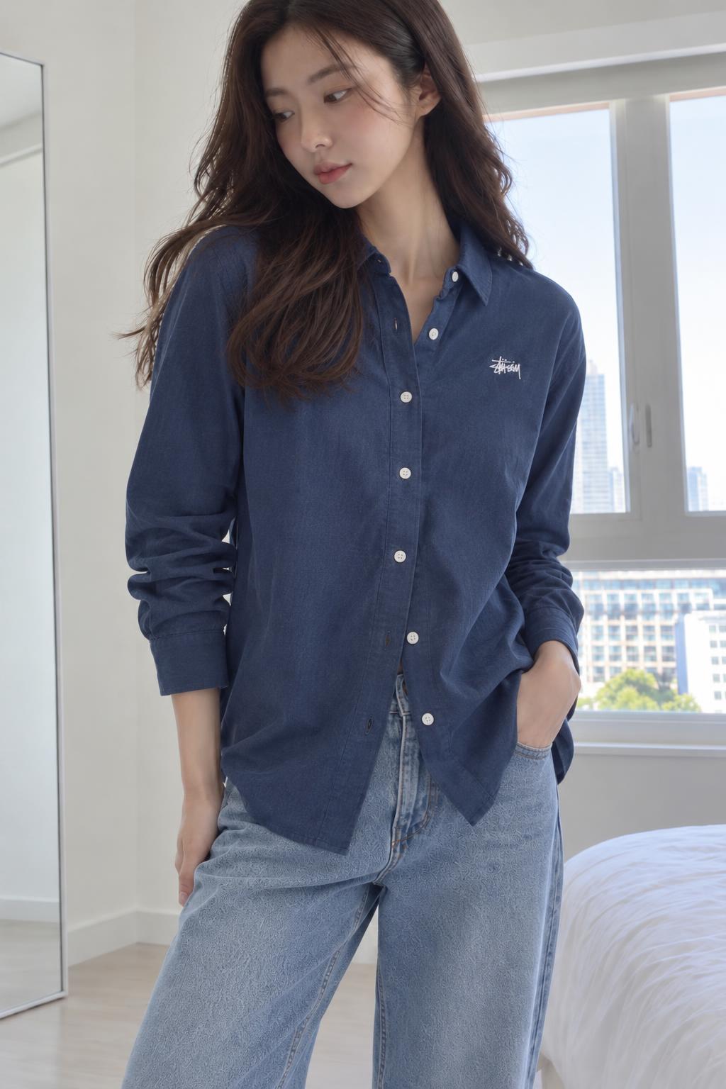 Stussy Blockhead Flannel shirt  Blue 211111 AI model photo