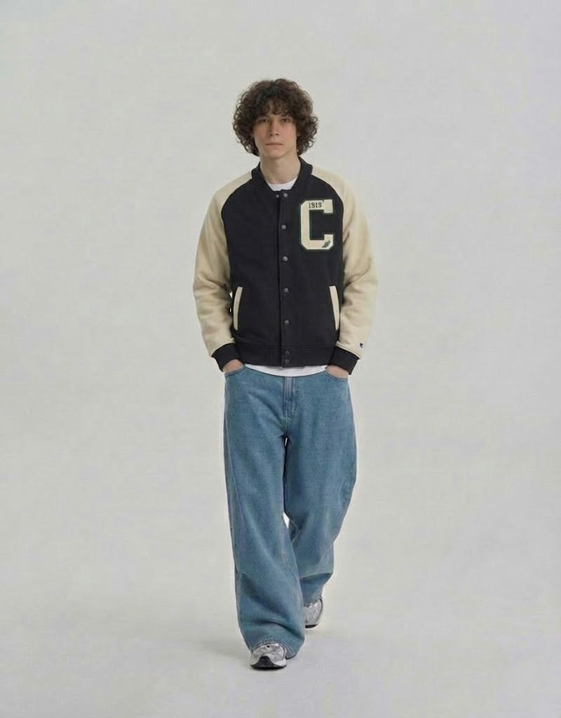 Champion Premium Letterman Big C Logo Varsity Style Jacket Black/Cocoa V79525 586EPB A8IR