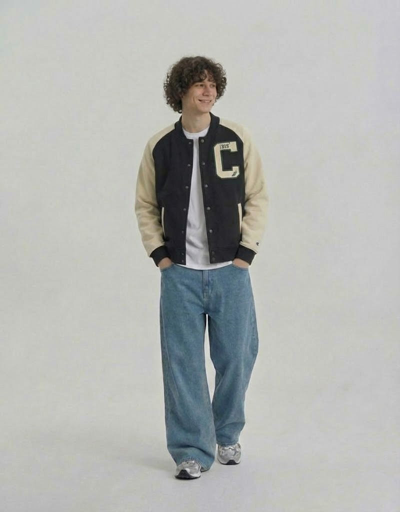 Champion Premium Letterman Big C Logo Varsity Style Jacket Black/Cocoa V79525 586EPB A8IR