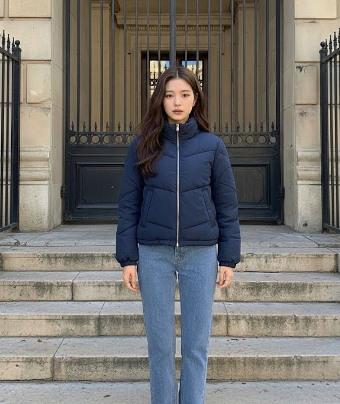 Aplaze High Neck Chevron Quilted Matte Puffer Jacket Navy 65994