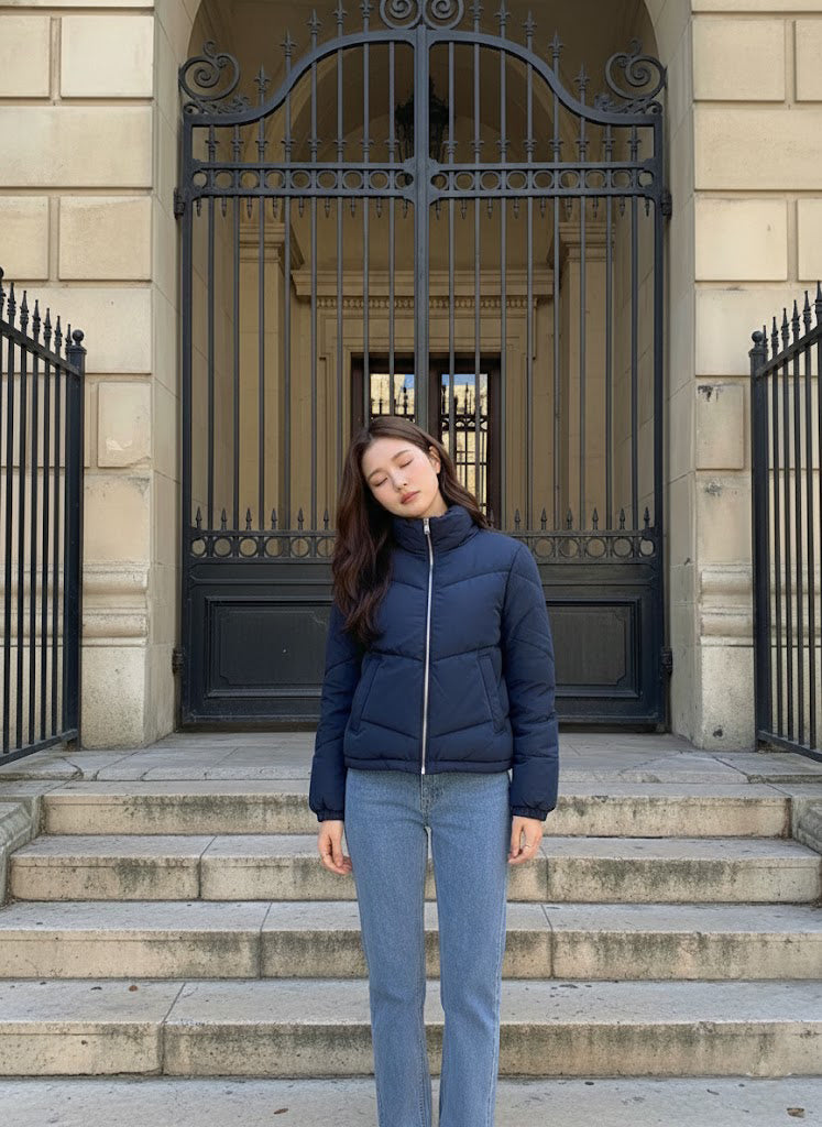 Aplaze High Neck Chevron Quilted Matte Puffer Jacket Navy 65994