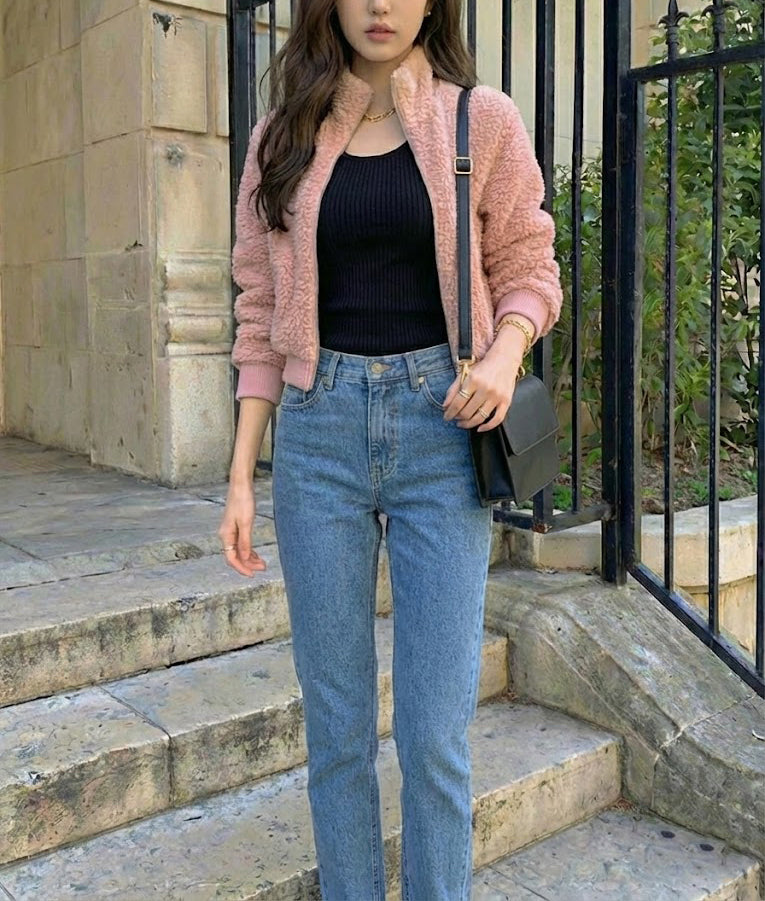 Aplaze Sherpa Mock Neck Zip-up Bomber Jacket Mauve 71885