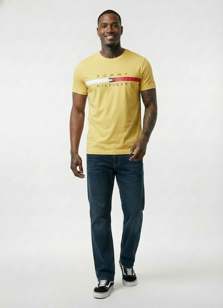 Tommy Hilfiger Mens Flag Stripe T-Shirt Goldfinch 78J4997 730