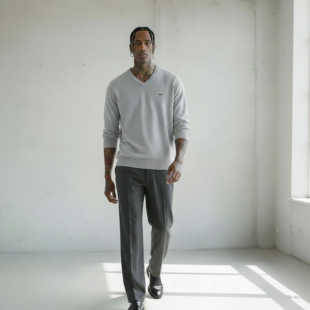 Lacoste Mens Organic Cotton V-Neck Sweater Grey Chine AH1951 CCA