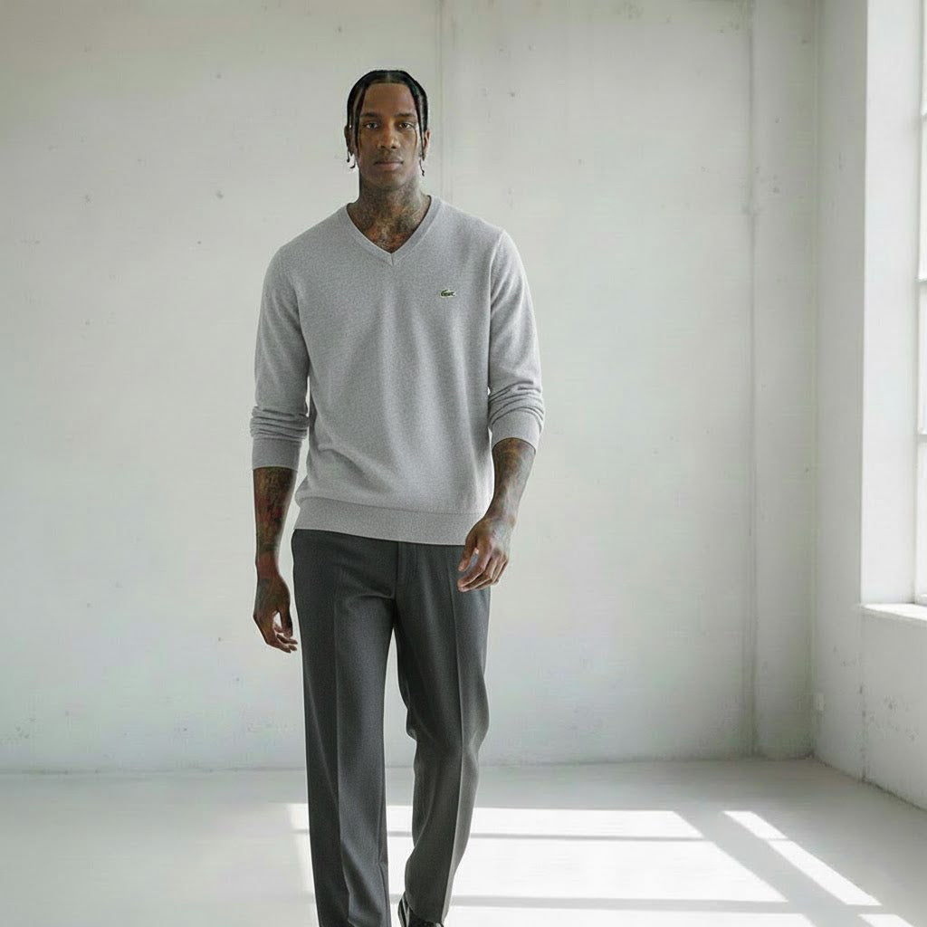 Lacoste Mens Organic Cotton V-Neck Sweater Grey Chine AH1951 CCA