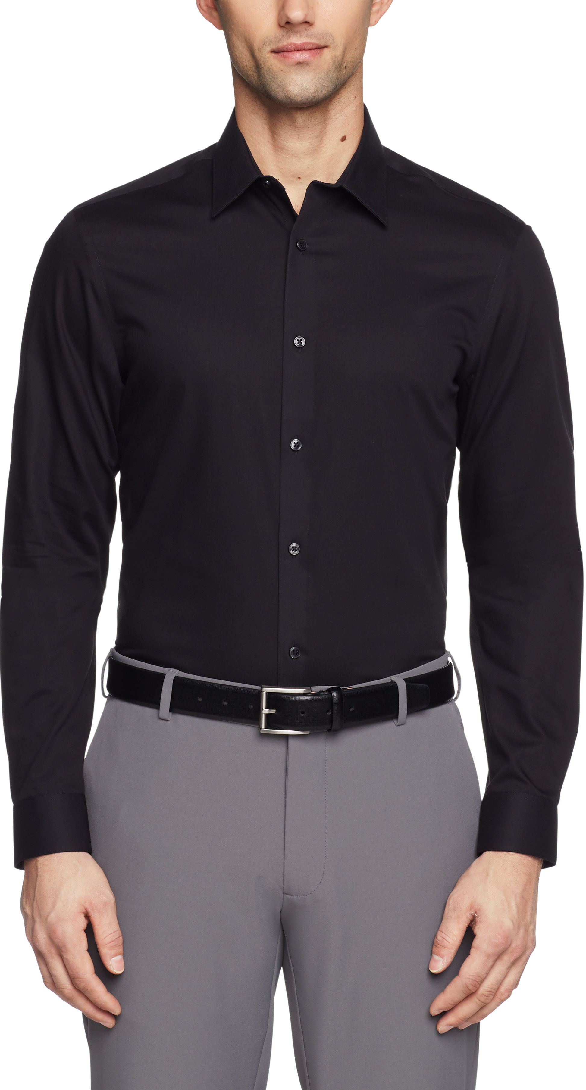 Calvin Klein Mens Steel Slim Fit Non-Iron Herringbone Dress Shirt Black 33K2479-7ML