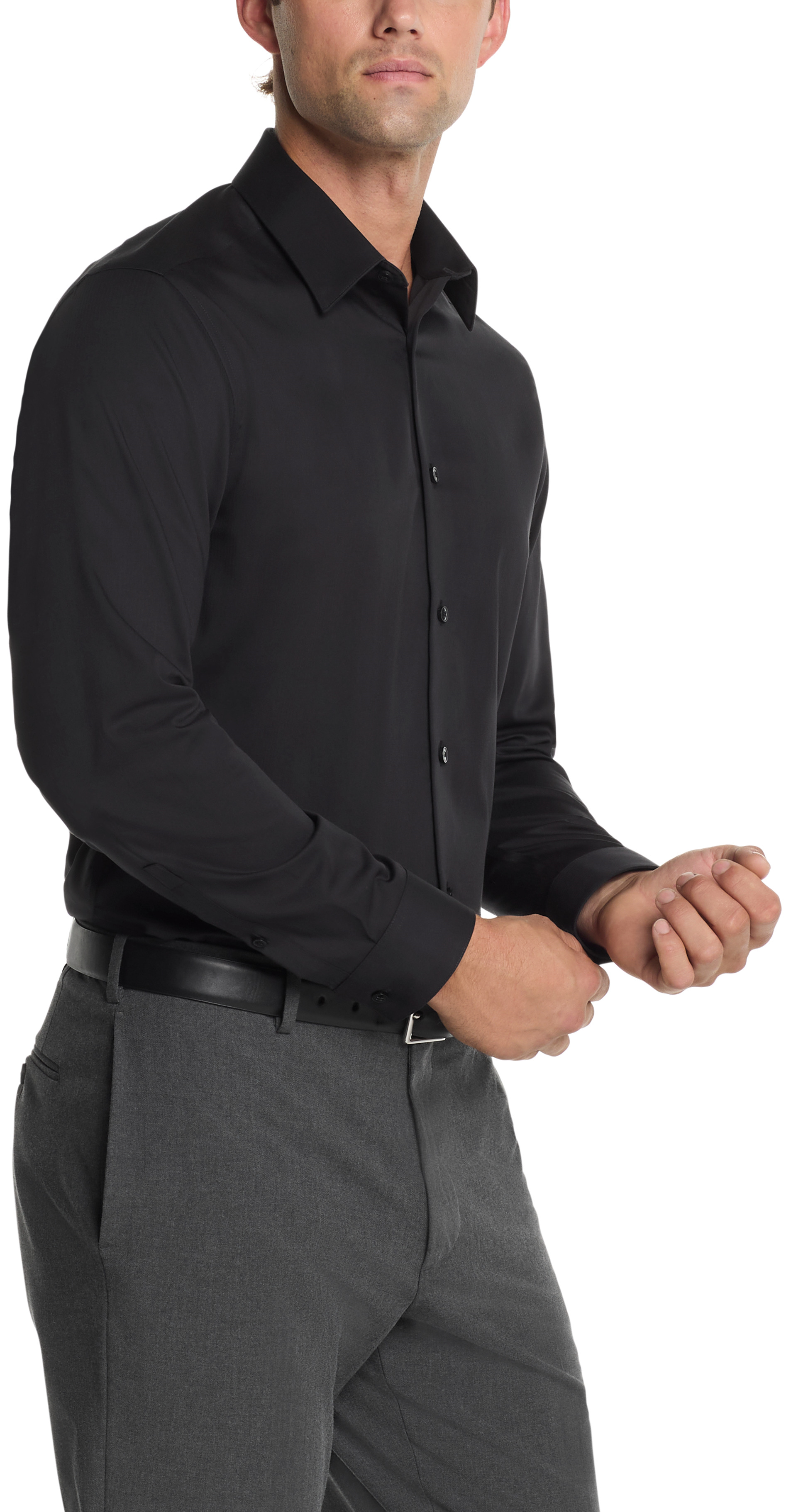 Calvin Klein Mens Steel Slim Fit Non-Iron Herringbone Dress Shirt Black 33K2479-7ML