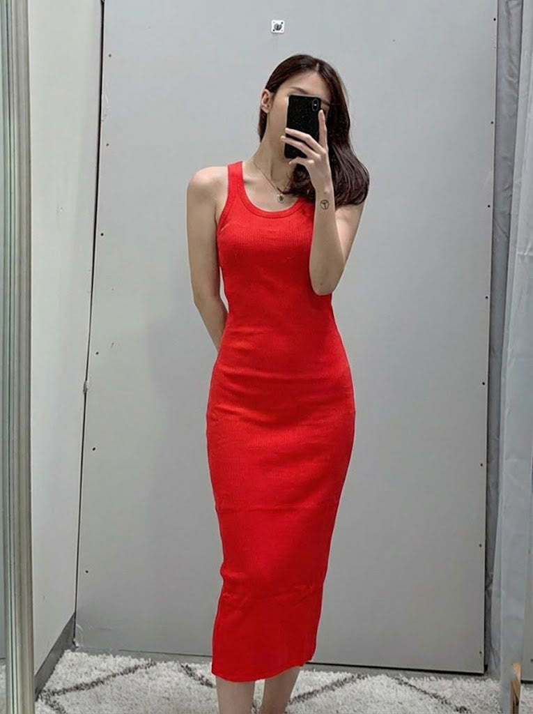 Lacoste Women's Long Ribbed Cotton Dress Energy Red EF5480 4BY