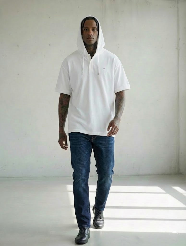 Tommy Hilfiger Mens Regular Fit Artie Hooded Polo Bright White 78J4757 110