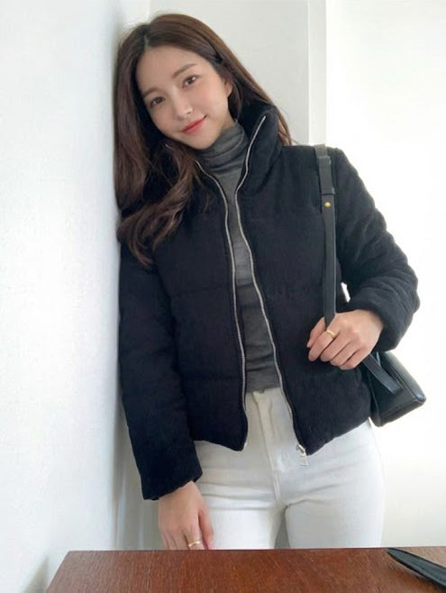 Aplaze High Neck Quilted Corduroy Puffer Jacket Black 71516