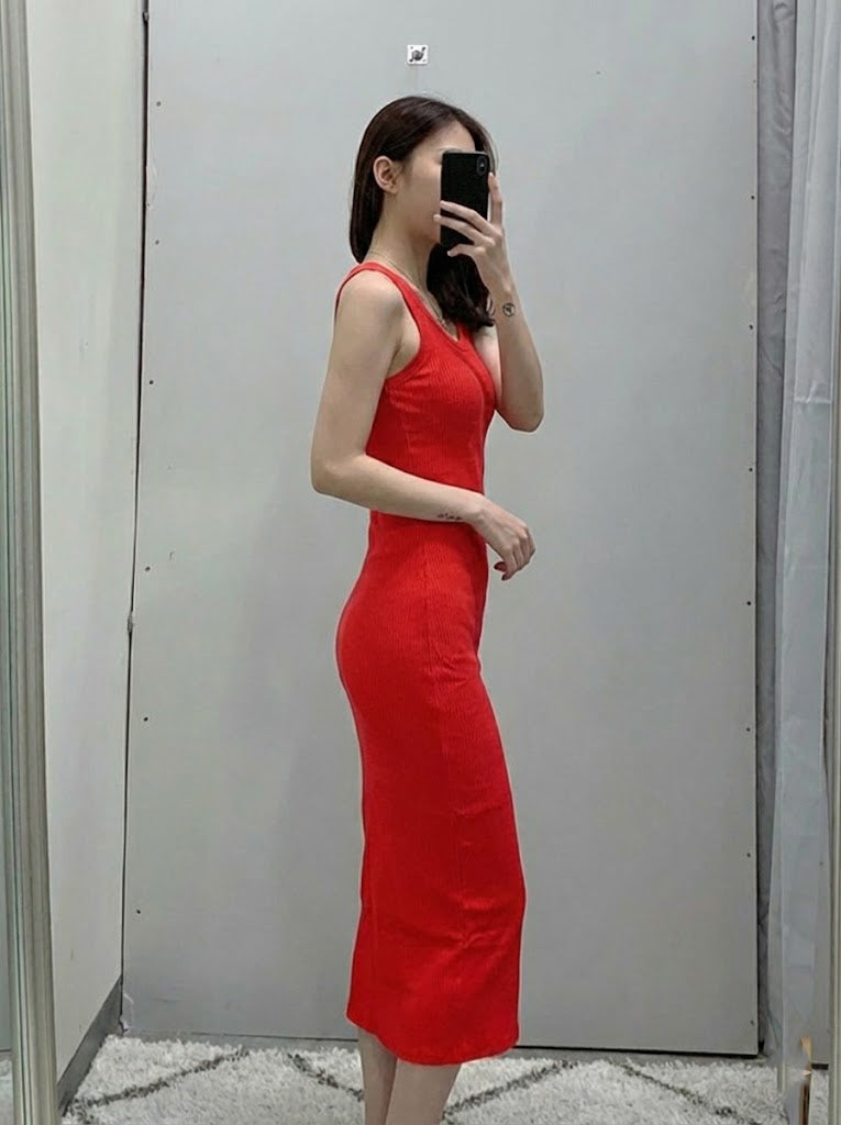 Lacoste Women's Long Ribbed Cotton Dress Energy Red EF5480 4BY