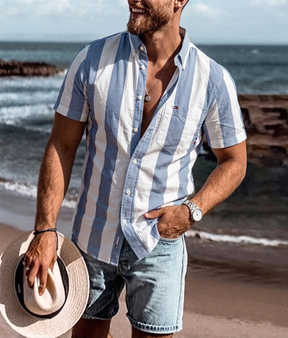 Tommy Hilfiger Men's  Striped Stripe RF Short Sleeve Shirt Ultra Blue/Stripe MW31762 970