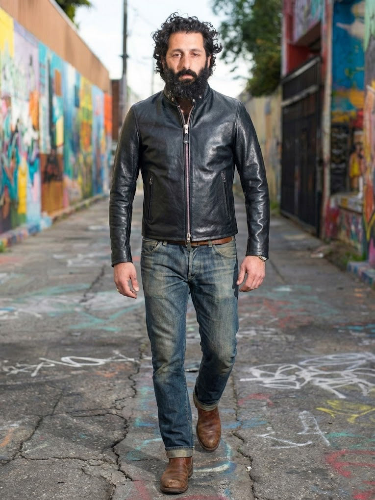 Schott NYC Men Cowhide Casual Racer Leather Jacket Black 654 BLK