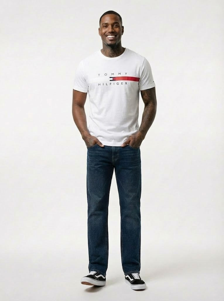 Tommy Hilfiger Mens Flag Stripe T-Shirt Bright White 78J4997 110