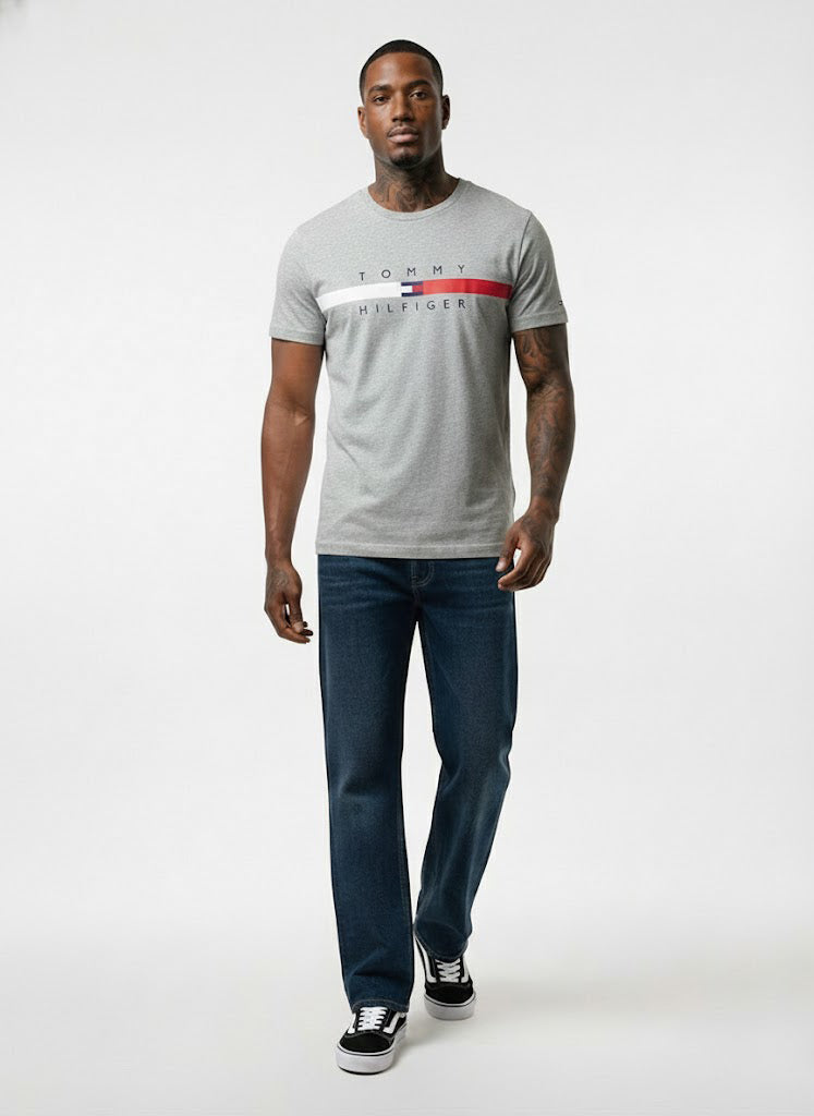Tommy Hilfiger Mens Flag Stripe T-Shirt B10 Grey Heather 78J4997 050