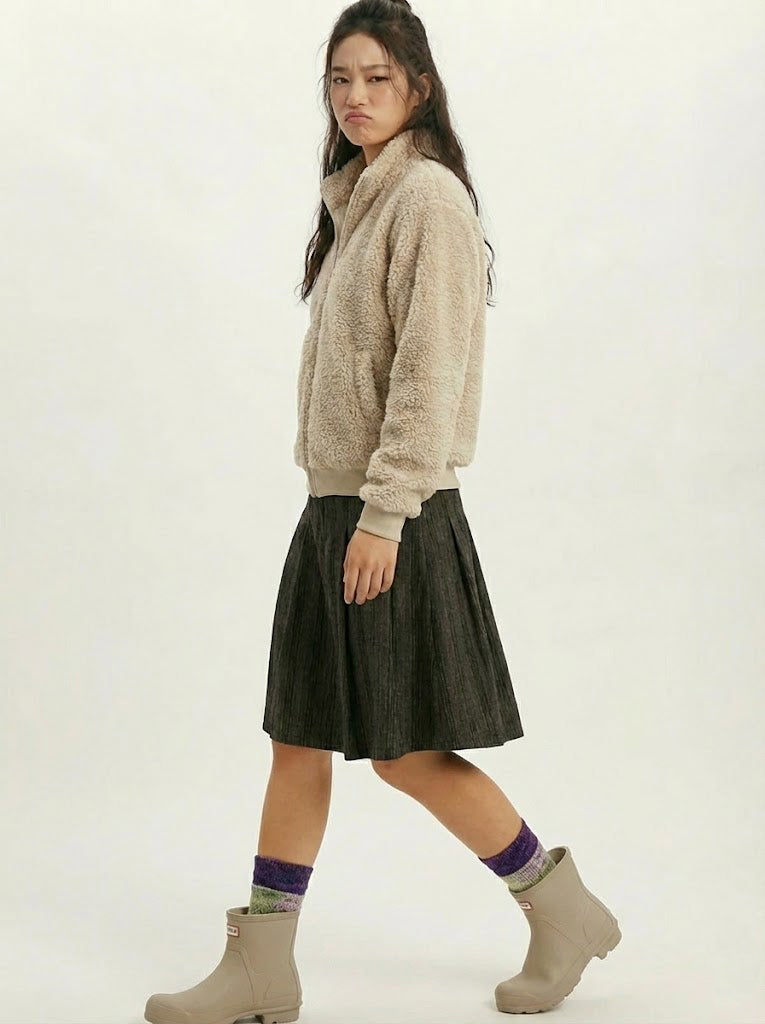 Aplaze Sherpa Mock Neck Zip-up Bomber Jacket Light Beige Taupe 71885