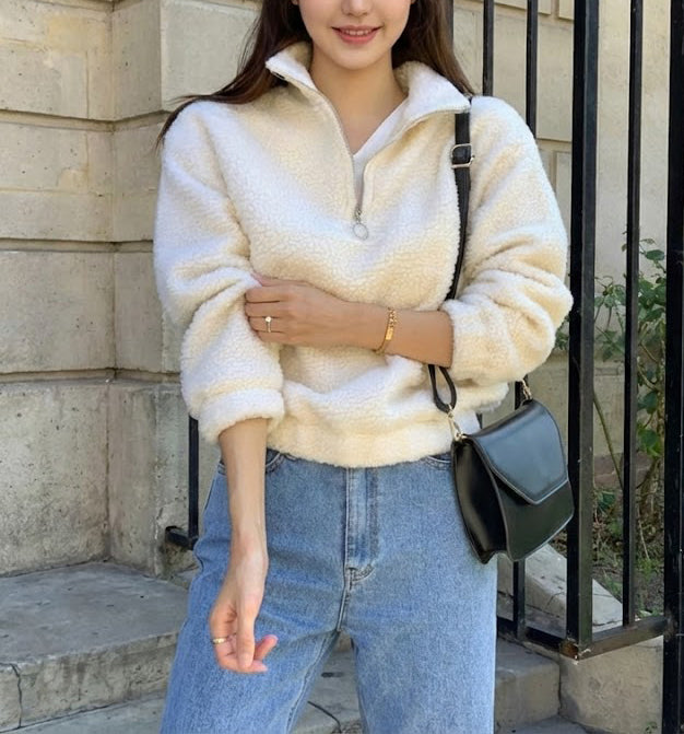 Aplaze Sherpa Zippered Mock Neck Pullover Jacket Ivory 71825