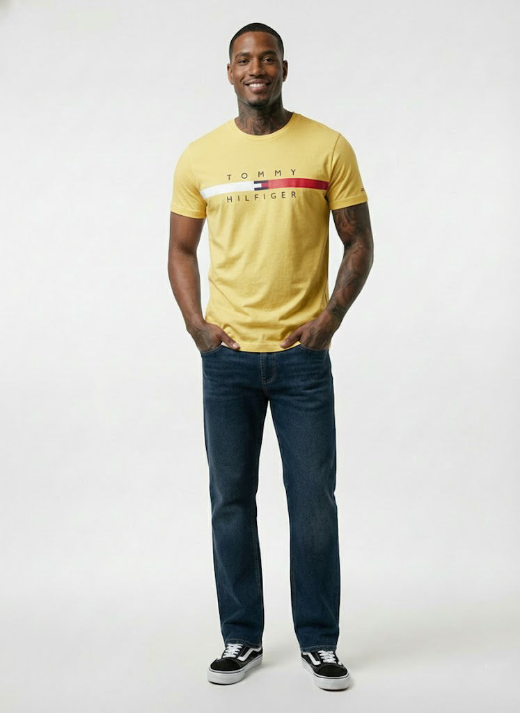 Tommy Hilfiger Mens Flag Stripe T-Shirt Goldfinch 78J4997 730