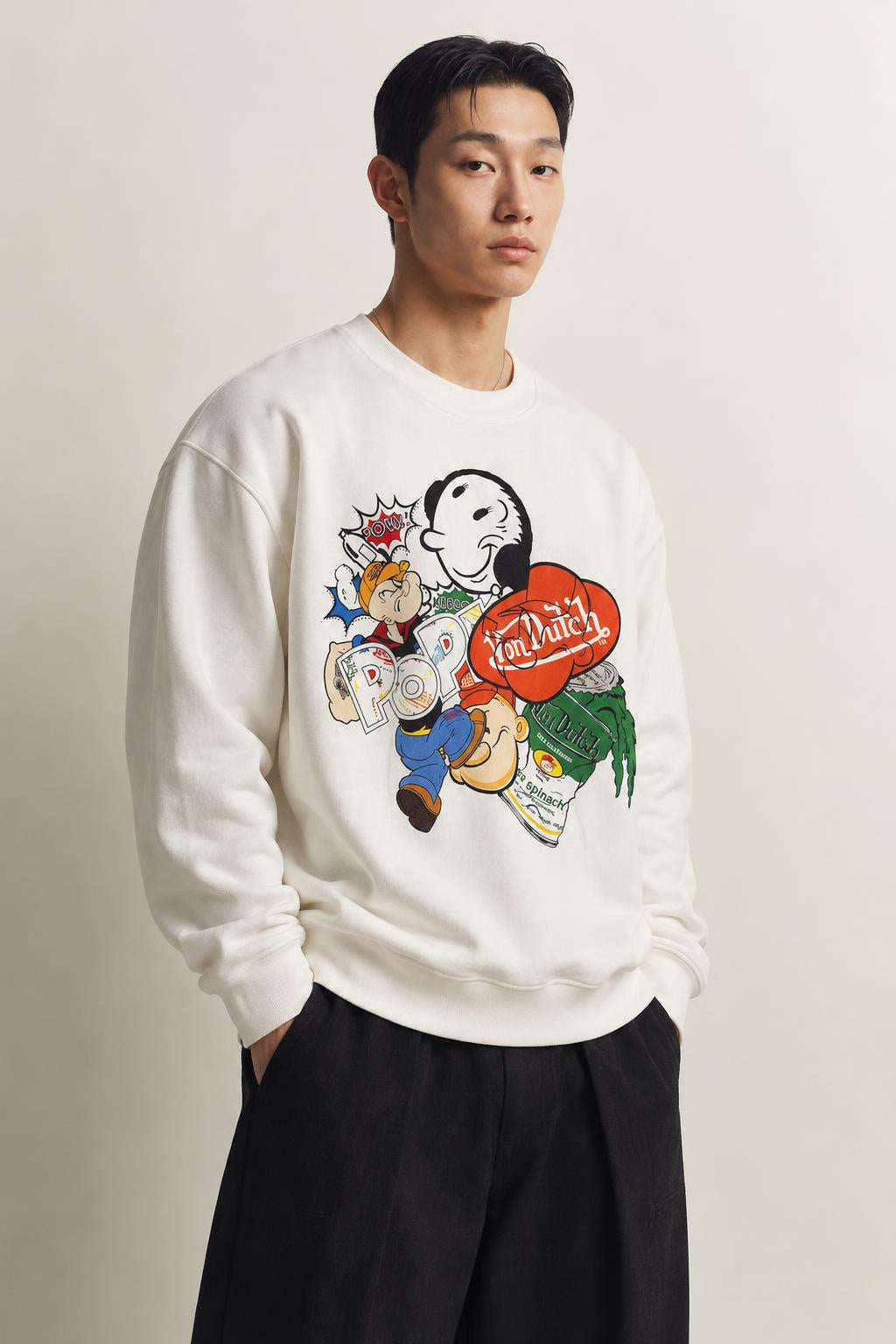 Von Dutch Mens Popeye Character Cotton Fleece Sweatshirt Off White FM166V AI model photo
