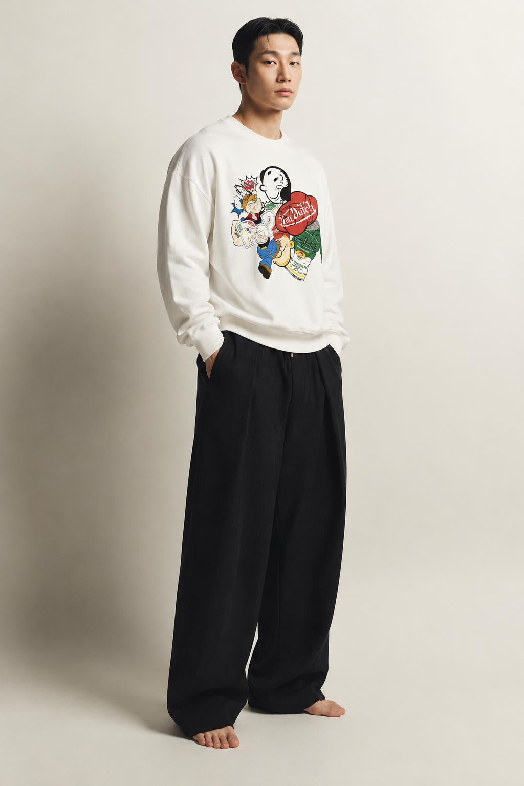 Von Dutch Mens Popeye Character Cotton Fleece Sweatshirt Off White FM166V AI model photo