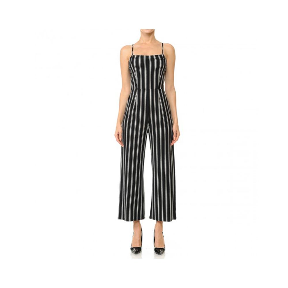 Jobber Striped Knit Cami Gaucho Jumpsuit Black/Off White 65941.