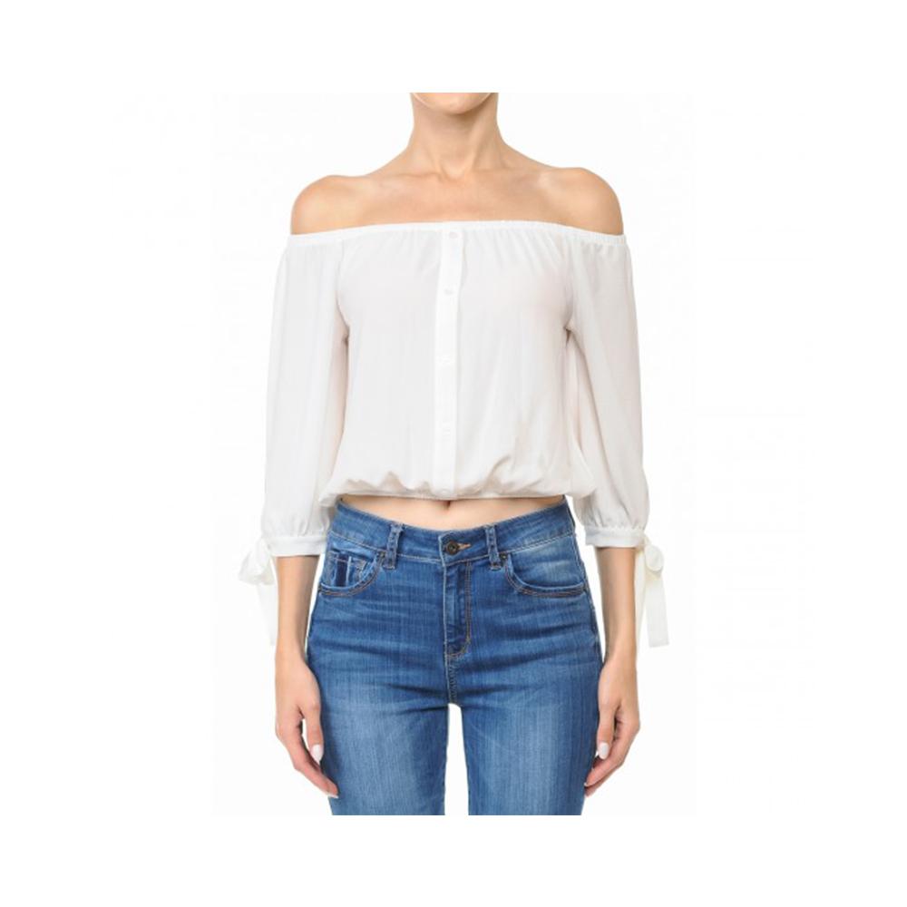 Jobber Off-The-Shoulder 3/4 Balloon Tie Sleeve Crop Top Off White 70737.