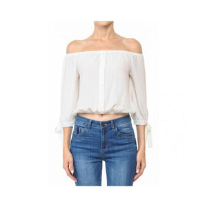 Jobber Off-The-Shoulder 3/4 Balloon Tie Sleeve Crop Top Off White 70737.