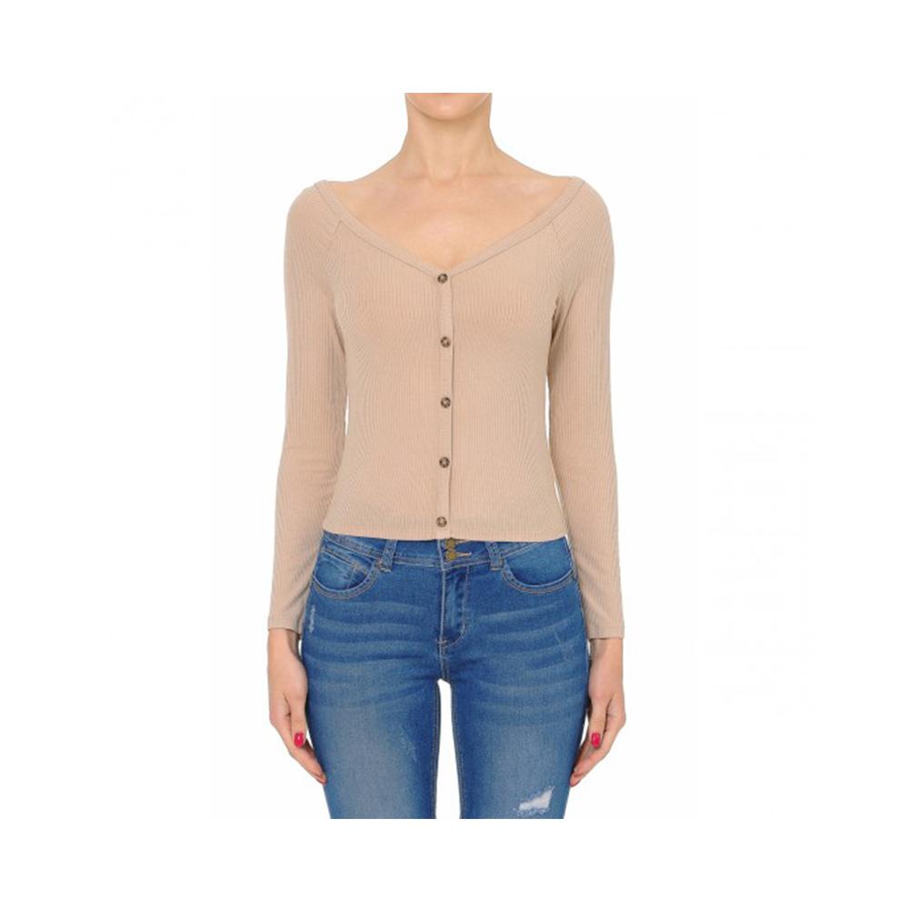 Jobber Ribbed V-Neck Off-The-Shoulder Long Sleeve Bardot Crop Top Desert 71721.