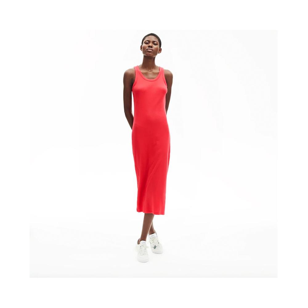 Lacoste Women's Long Ribbed Cotton Dress Energy Red EF5480-51 4BY.