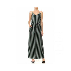 Jobber Multi-Striped BeltedSeamless Waist V-Neck Cami Stretch Woven Wide-Leg Jumpsuit Black/Green 70975.