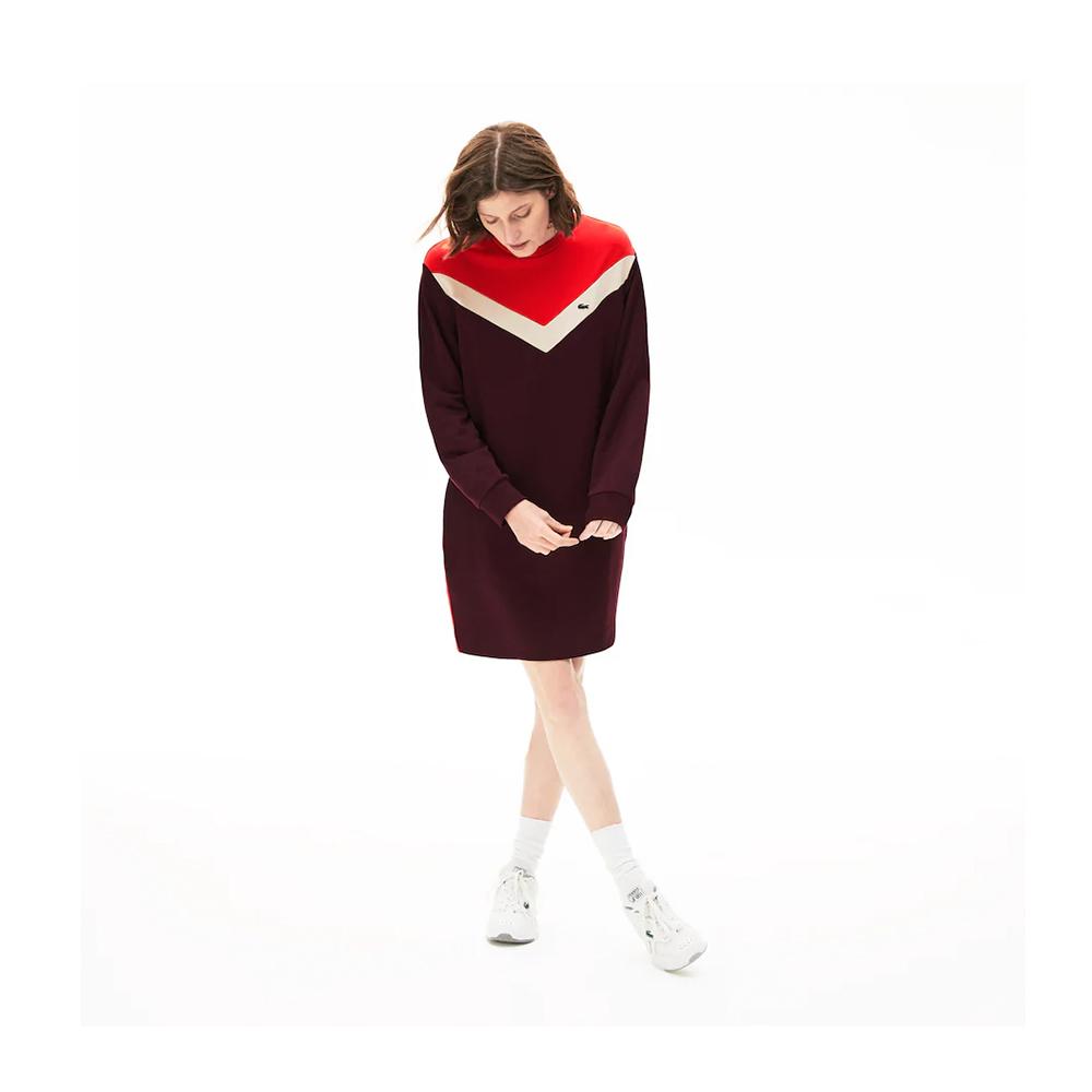 Lacoste Women's Colorblock Fleece Sweatshirt Dress Bordeaux/Beige/Red  EF5769-51 R9B.