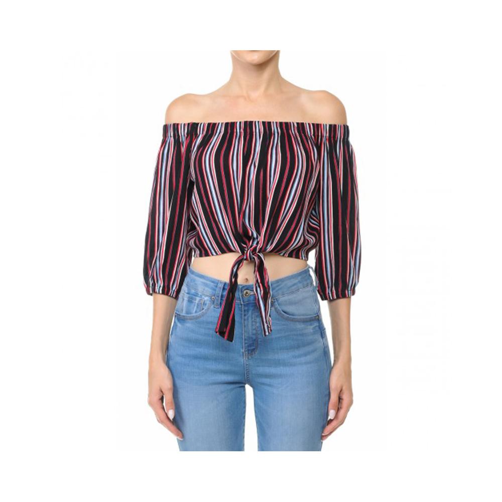 Jobber Multi-Striped Tie-Front Hem Off-The-Shoulder Flared 3/4 Sleeve Crop Top Black 65944.