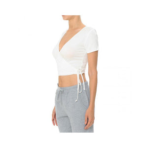 Jobber Wrap-Front V-Neck Short Sleeve Surplice Crop Top Off White 71065.