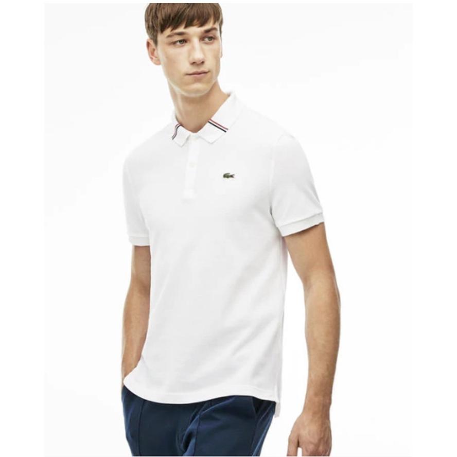 APLAZE  Lacoste Men's Live Slim fit Tricolor Band Collar Polo Shirt  White/Navy-blue-white-red PH2690-51