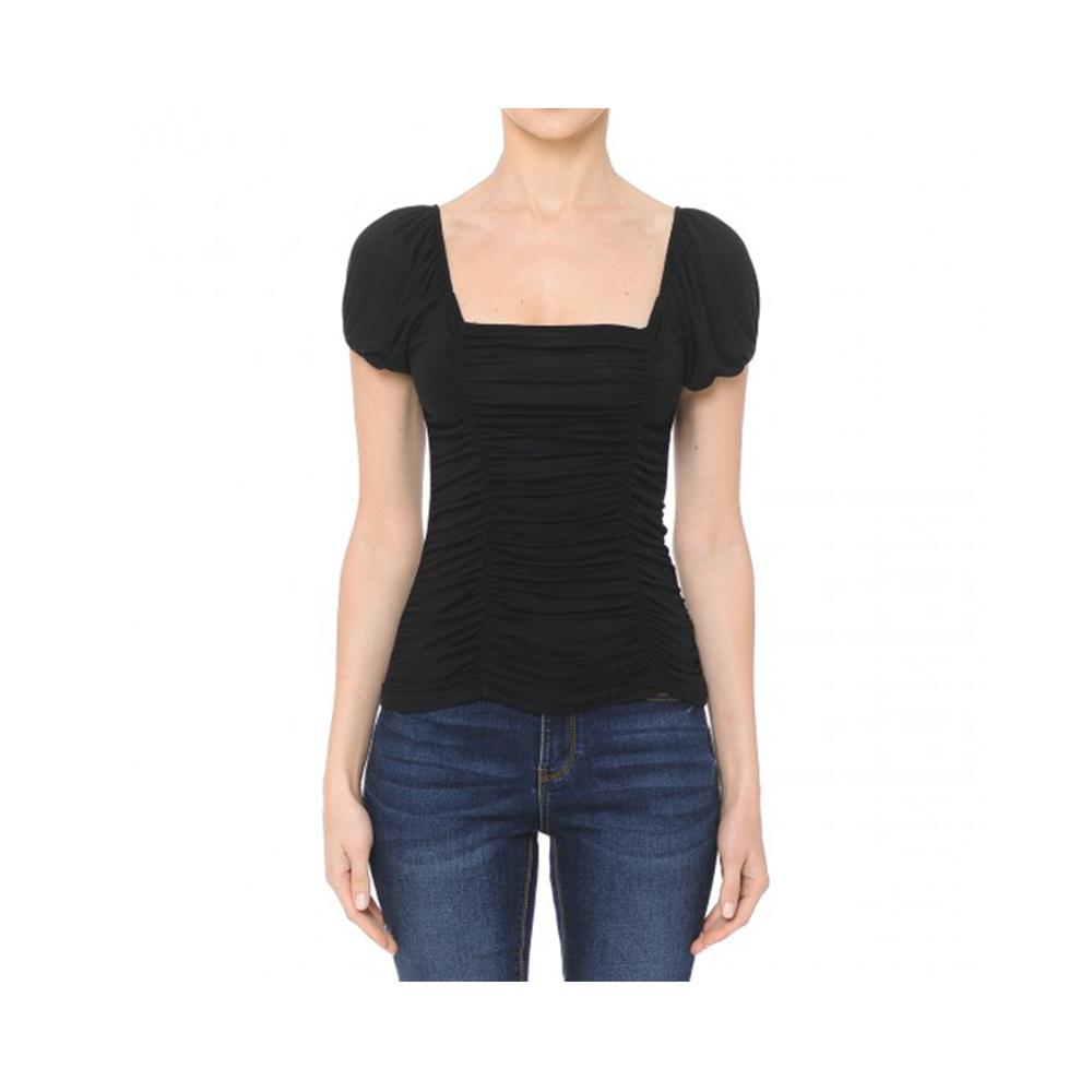 Jobber Ruched Front Square Neck Short Puff Sleeve Top Black 72804.
