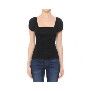 Jobber Ruched Front Square Neck Short Puff Sleeve Top Black 72804.