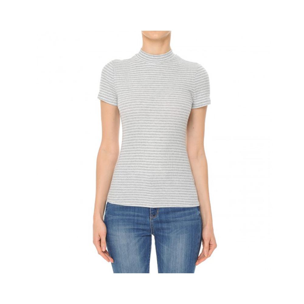 Jobber Ribbed Stripe Mock Neck Short Sleeve Top Heather Grey White 72797.