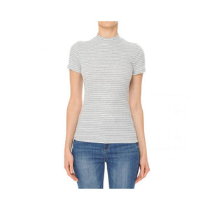 Jobber Ribbed Stripe Mock Neck Short Sleeve Top Heather Grey White 72797.