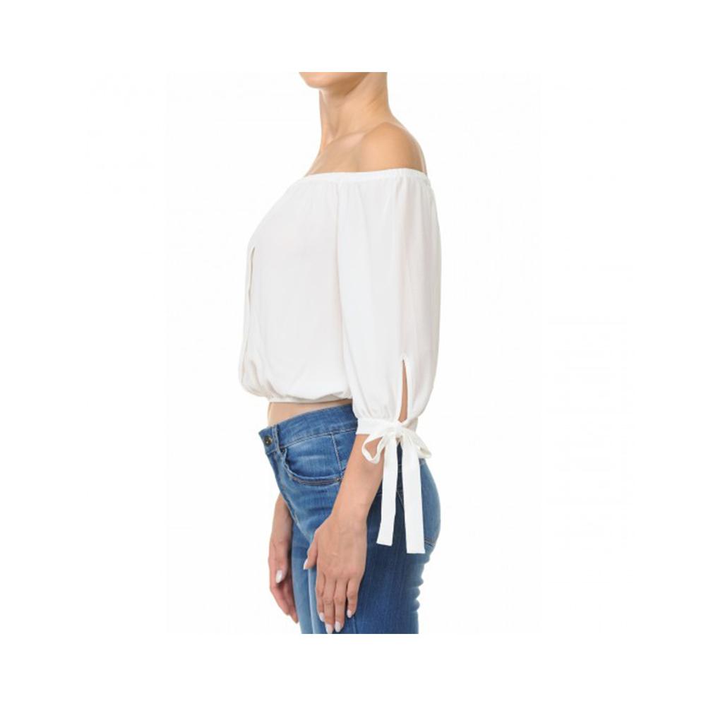 Jobber Off-The-Shoulder 3/4 Balloon Tie Sleeve Crop Top Off White 70737.