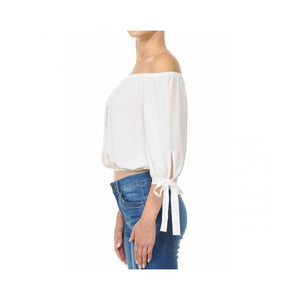 Jobber Off-The-Shoulder 3/4 Balloon Tie Sleeve Crop Top Off White 70737.