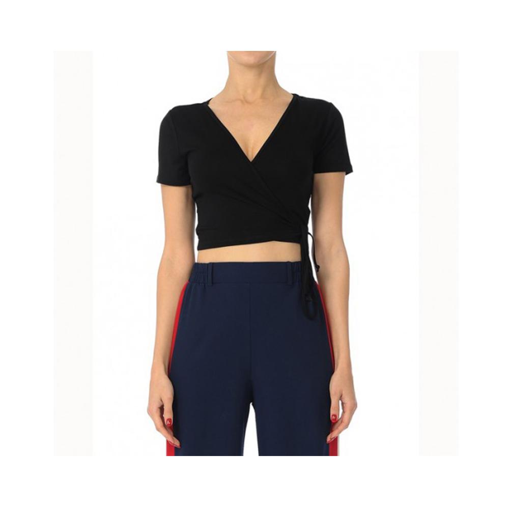 Jobber Wrap-Front V-Neck Short Sleeve Surplice Crop Top Black 71065.