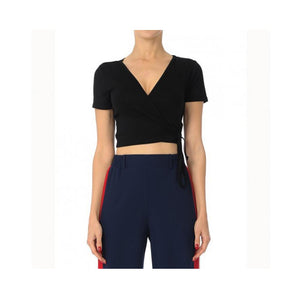 Jobber Wrap-Front V-Neck Short Sleeve Surplice Crop Top Black 71065.