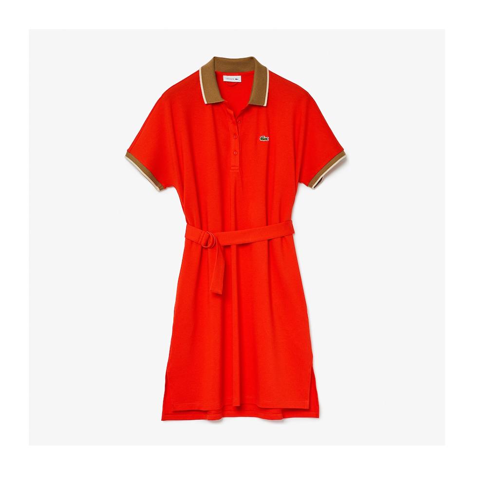 Lacoste Women's Kimono-Sleeved Flowy Polo Dress Red/Brown/Beige EF6557-N2F.