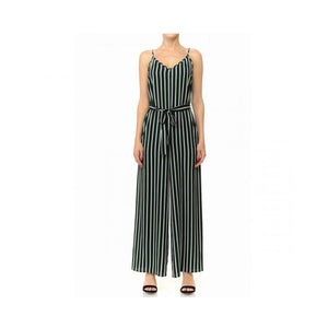 Jobber Multi-Striped BeltedSeamless Waist V-Neck Cami Stretch Woven Wide-Leg Jumpsuit Black/Green 70975.