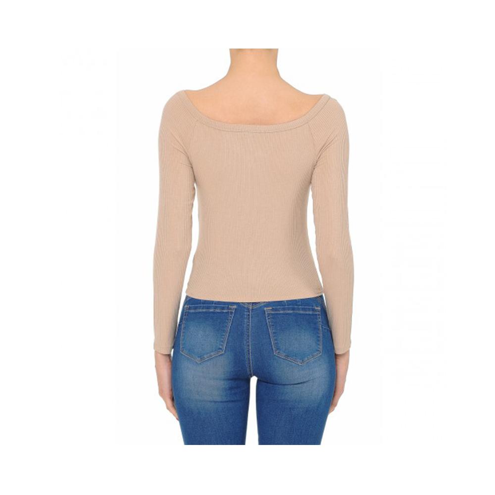 Jobber Ribbed V-Neck Off-The-Shoulder Long Sleeve Bardot Crop Top Desert 71721.
